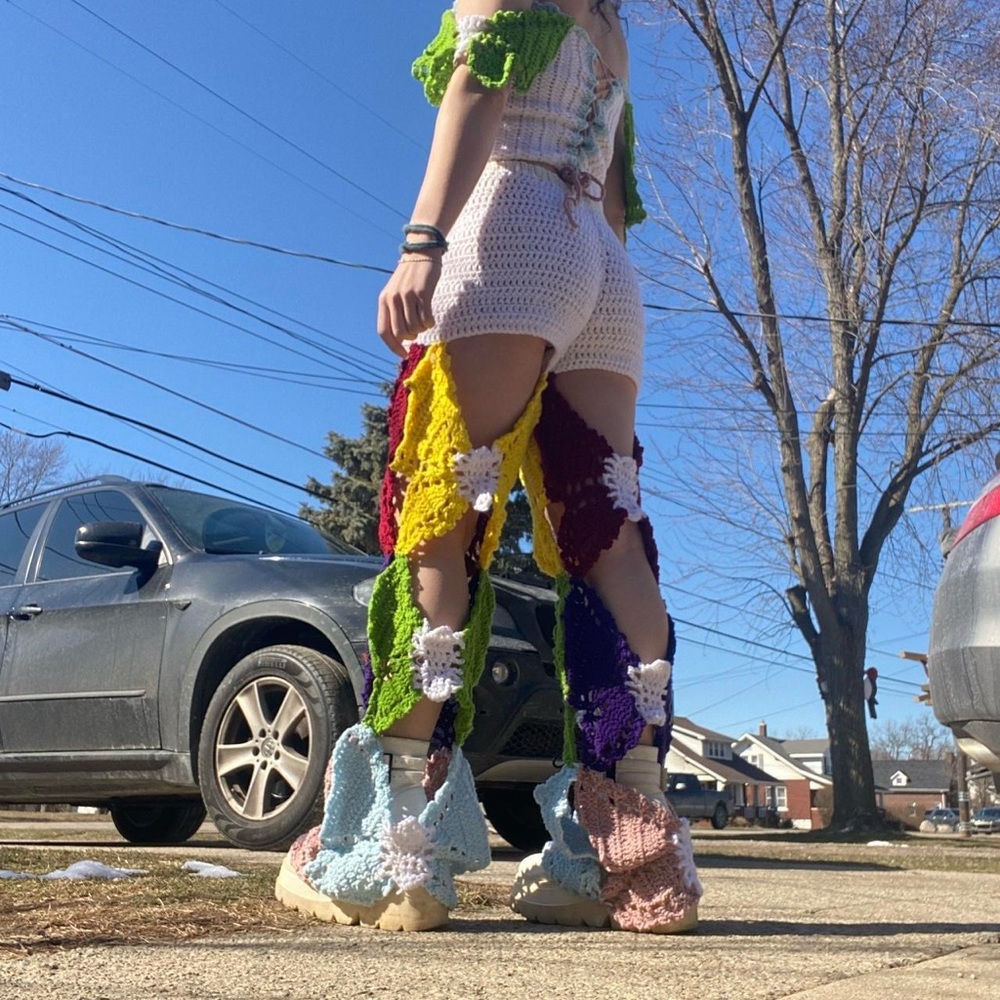 Rainbow Patchwork Colorblock Crochet Butterfly Fl… - image 2